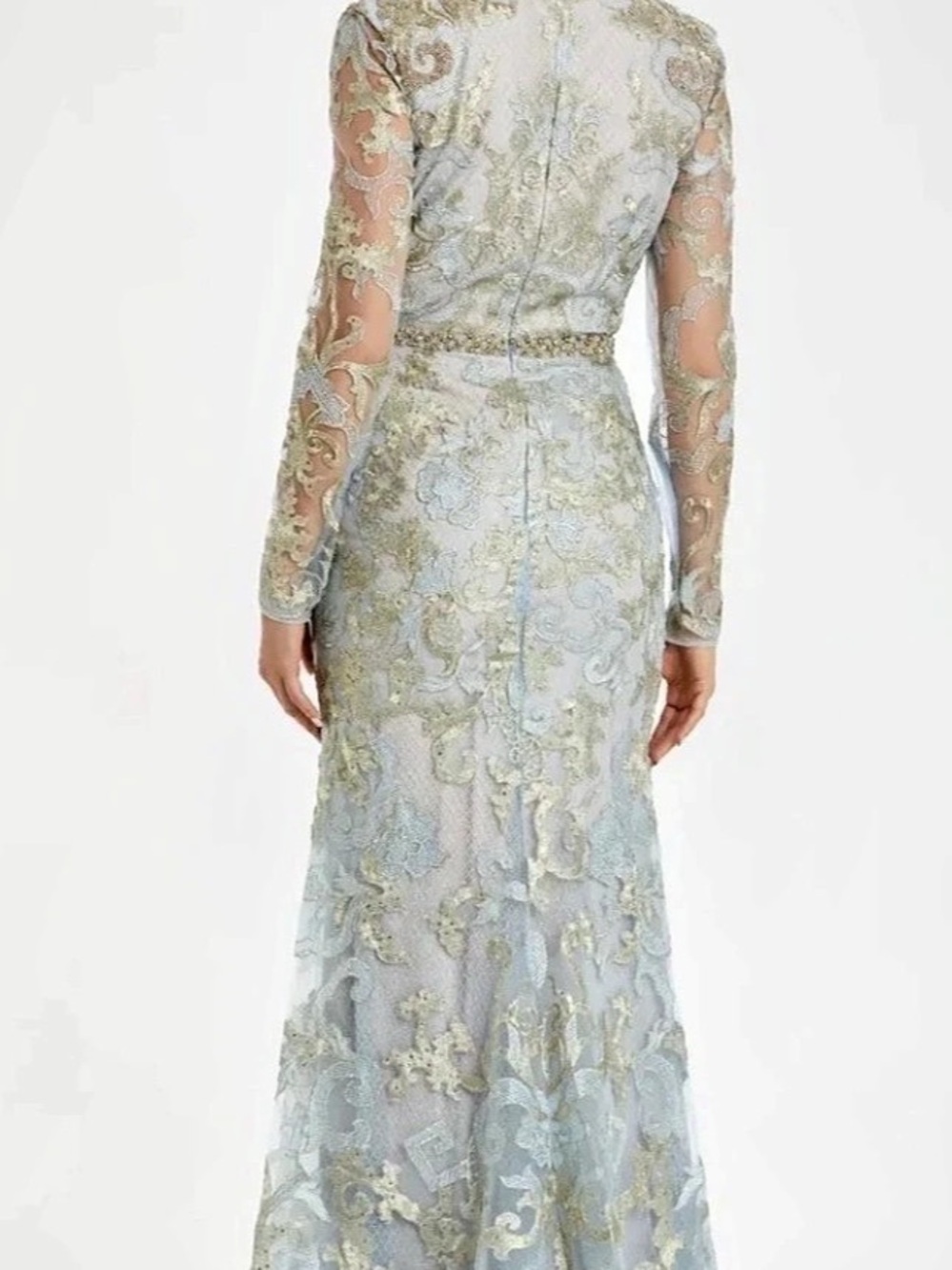 NWT Mac Duggal Powder Blue & Gold Long Sleeve Applique V-Neck Gown sz 14